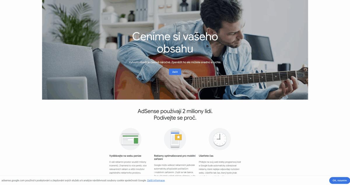 Úvodní stránka Google Adsense účtu. Jak založit účet Adsense